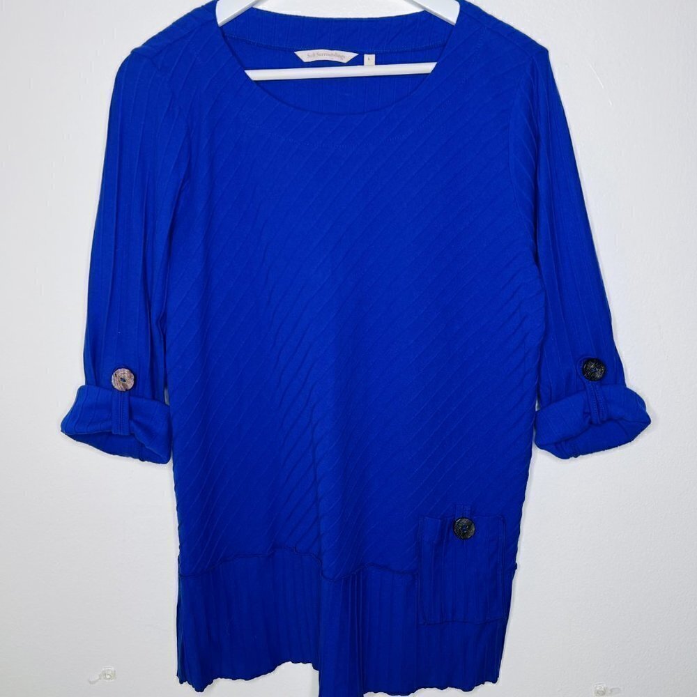 Soft Surroundings Womens Large Tunic Top Blue Pocket Roll Tab Sleeve‎ Ribbed